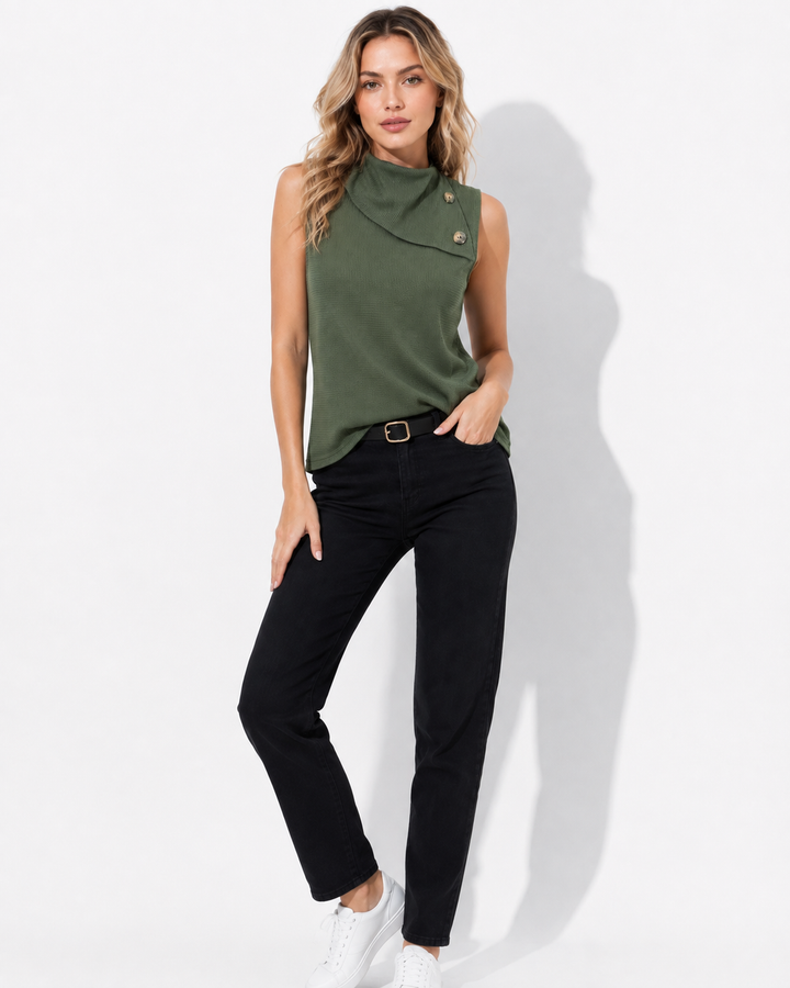 Modernes grünes Damen Top mit hohem Stehkragen, ärmellos und bequem, perfekt für die Sommergarderobe.