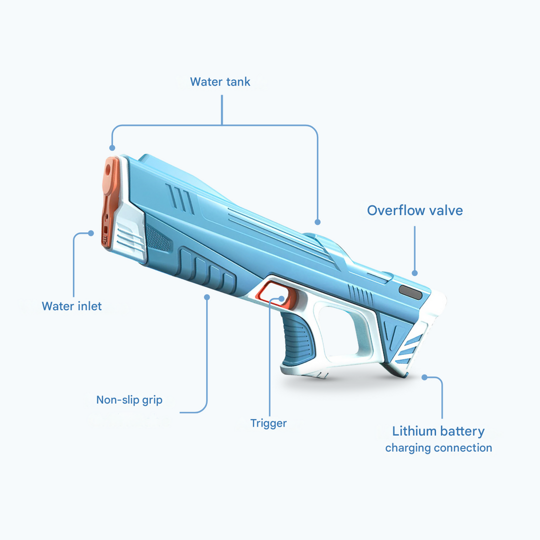 Moderne elektrische Wasserpistole mit ergonomischem Design und Akku für bequemen Wasserspielspaß.