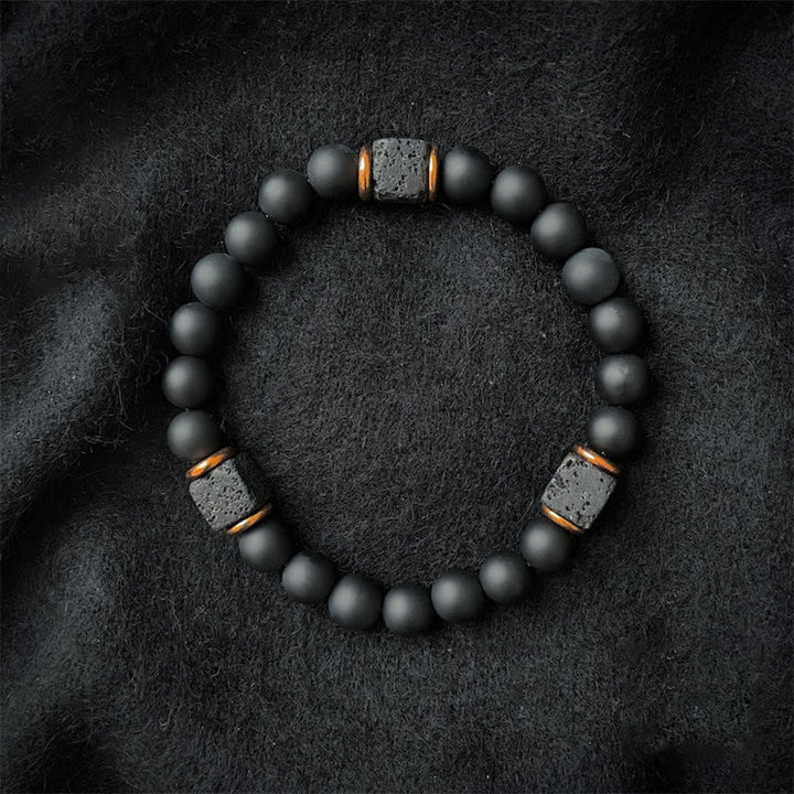 Hochwertiges Armband aus schwarzen Lavastein- & Onyxperlen, zeitloser Natursteinschmuck, unisex.