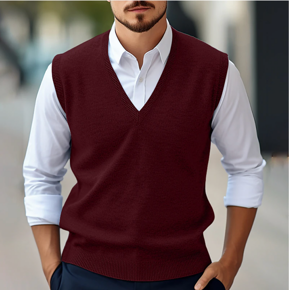 Stylische Herren V-Ausschnitt Weste ohne Ärmel. Perfekt für Layering und einen gepflegten Freizeit-Look.