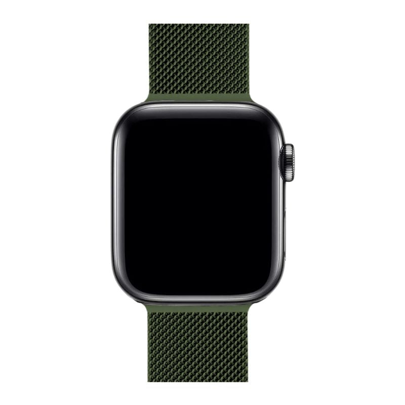 Schwarzes Milanaise Apple Watch Armband aus feinem Metallgeflecht, hoher Tragekomfort.