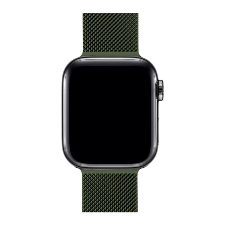 Schwarzes Milanaise Apple Watch Armband aus feinem Metallgeflecht, hoher Tragekomfort.