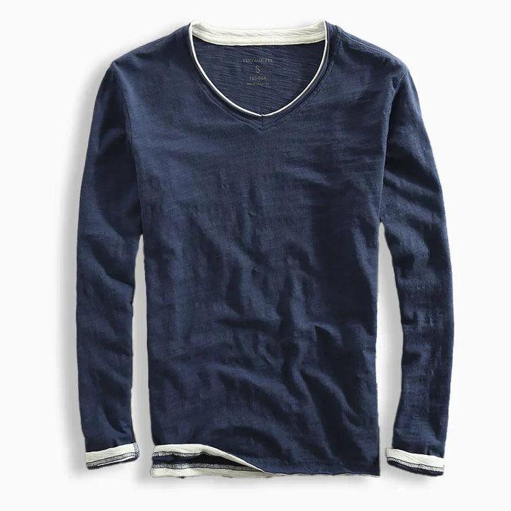 Herren Langarmshirt V-Ausschnitt marineblau. Stilvoll, bequem, perfekt für Freizeit & Alltag.