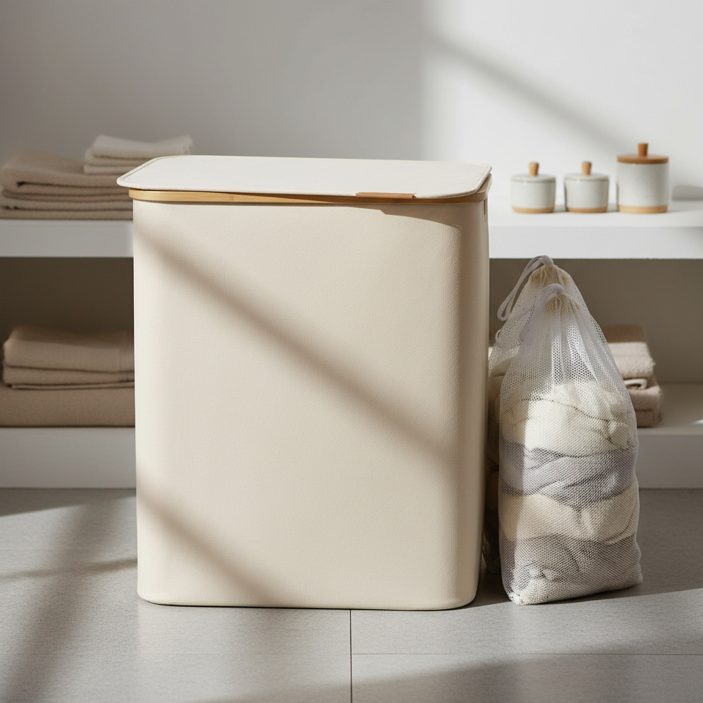 FreshFold atmungsaktiver Textil Wäschekorb mit Sortierfächern für einfache Wäschetrennung in Bad und Waschküche.