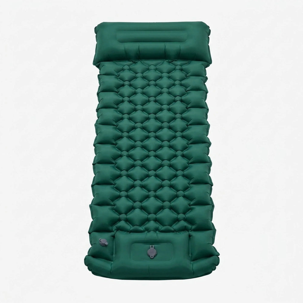 Komfortable aufblasbare Isomatte mit integriertem ergonomischem Kissen für erholsamen Schlaf im Outdoor-Bereich.