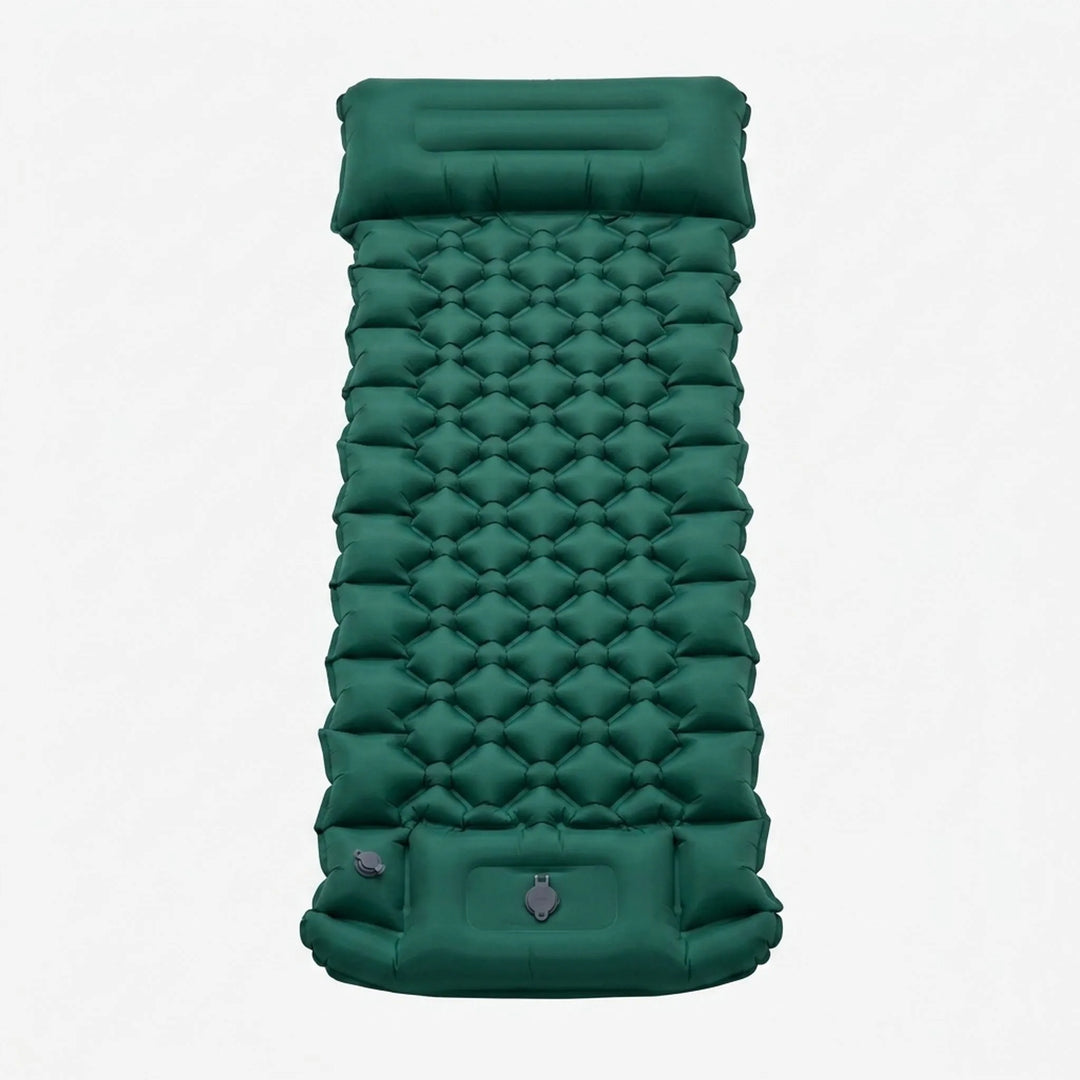 Komfortable aufblasbare Isomatte mit integriertem ergonomischem Kissen für erholsamen Schlaf im Outdoor-Bereich.