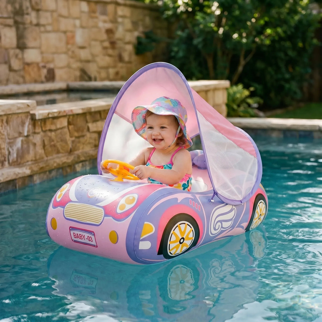 Aufblasbares Schwimmauto für Kleinkinder mit Sonnenschutz; ideal für Pool, Strand & Badespaß im Sommer.