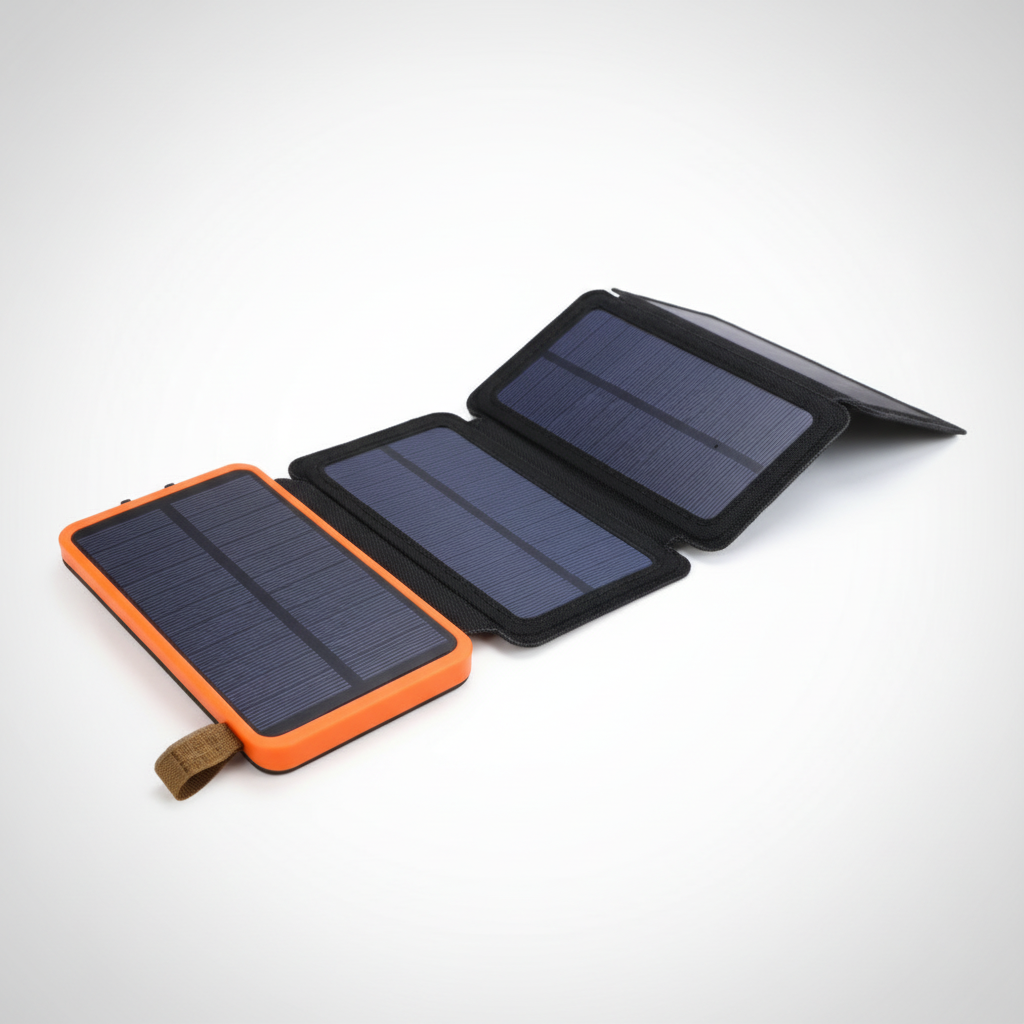 Aufgeklappte SunFoldar Solarpowerbank lädt Smartphones & Tablets mit Solarenergie beim Camping & auf Reisen.
