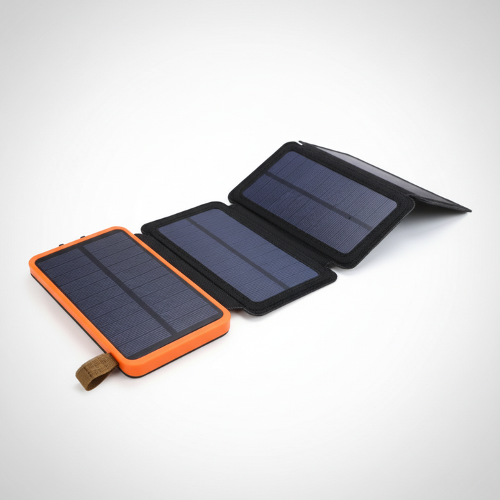 Aufgeklappte SunFoldar Solarpowerbank lädt Smartphones & Tablets mit Solarenergie beim Camping & auf Reisen.