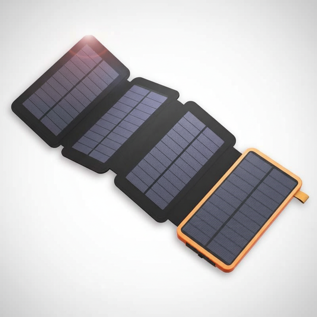 Detailaufnahme der Solarpanele der faltbaren Powerbank SunFoldar, effizientes Solarladegerät für unterwegs.