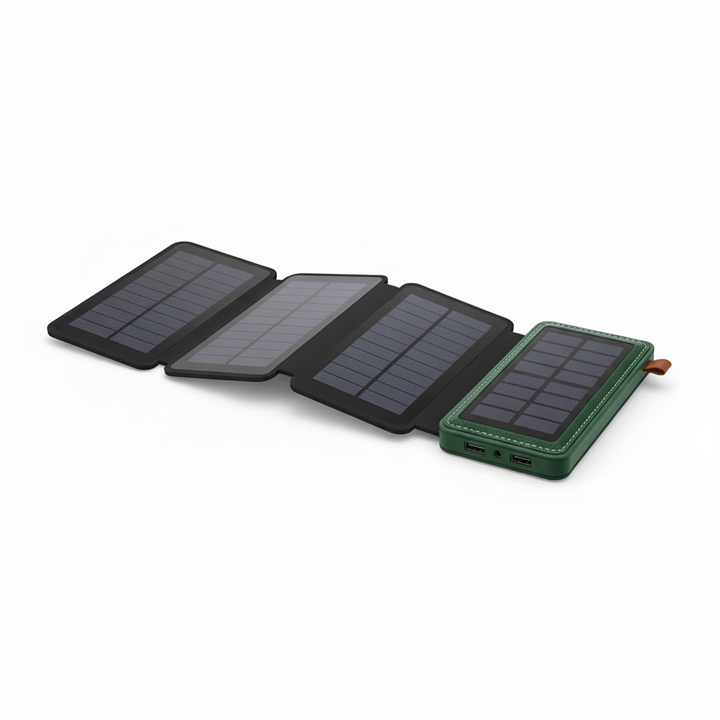 Kompakte, geschlossene faltbare Solarpowerbank SunFoldar im Outdoor-Einsatz, perfekt für Rucksack & Reise.