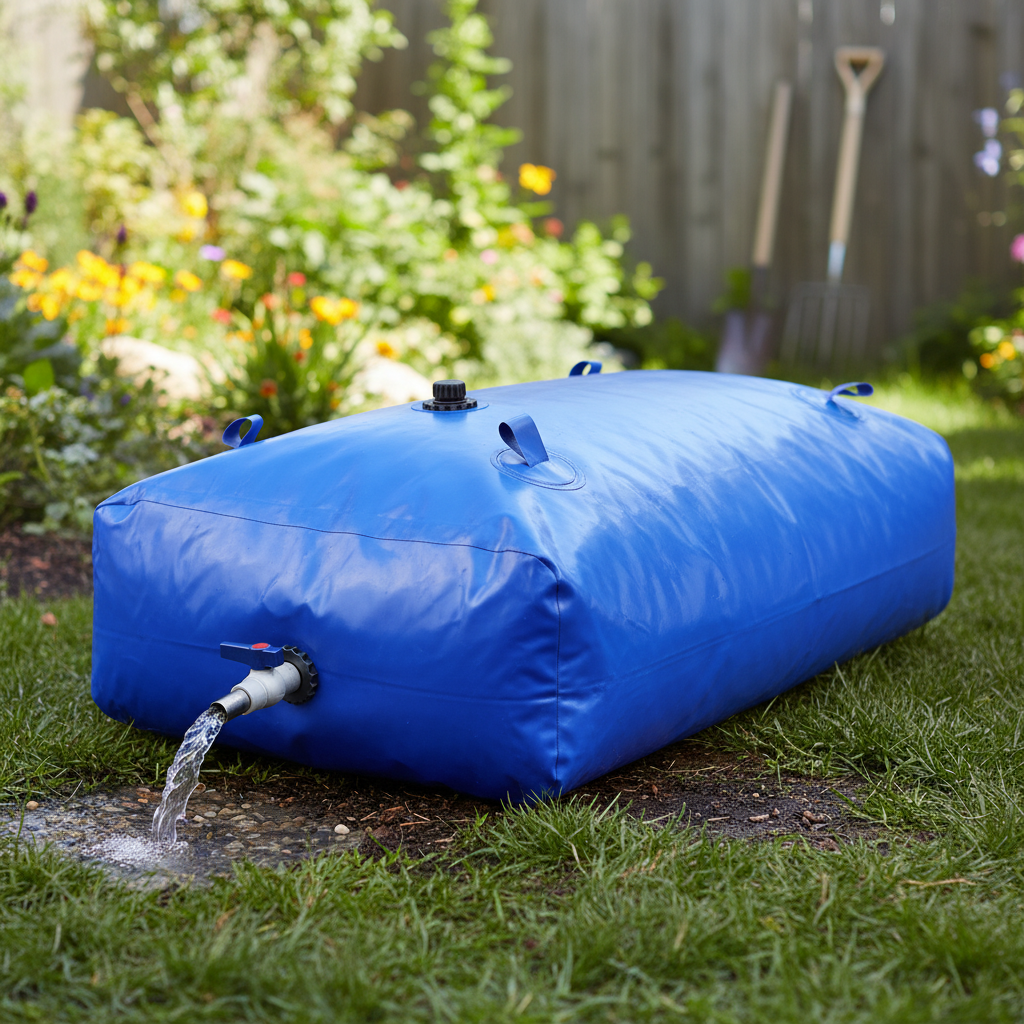 Faltbarer AquaReserve Wasserbehälter aus Polyvinylchlorid, kompakt verstaut für einfachen Transport.