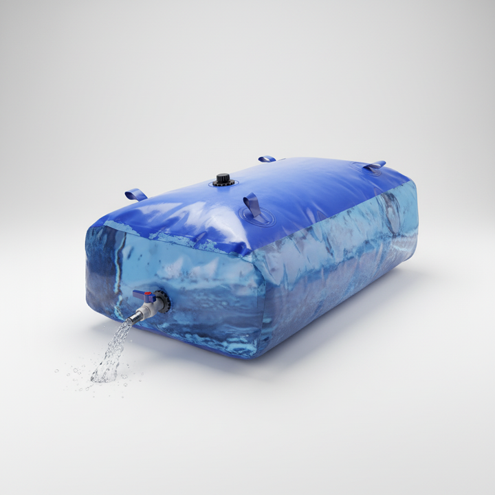 Flexibler AquaReserve Wasserspeicher zum Aufklappen, ideal für Gartenbewässerung und Notfallversorgung.