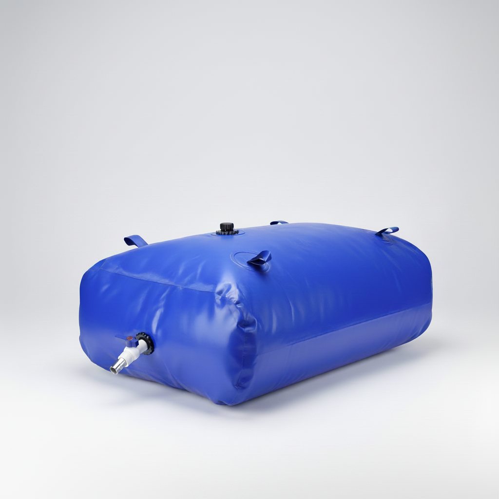 Platzsparender, aufklappbarer AquaReserve Wasserbehälter, perfekt für mobiles Camping und Wassernutzung.