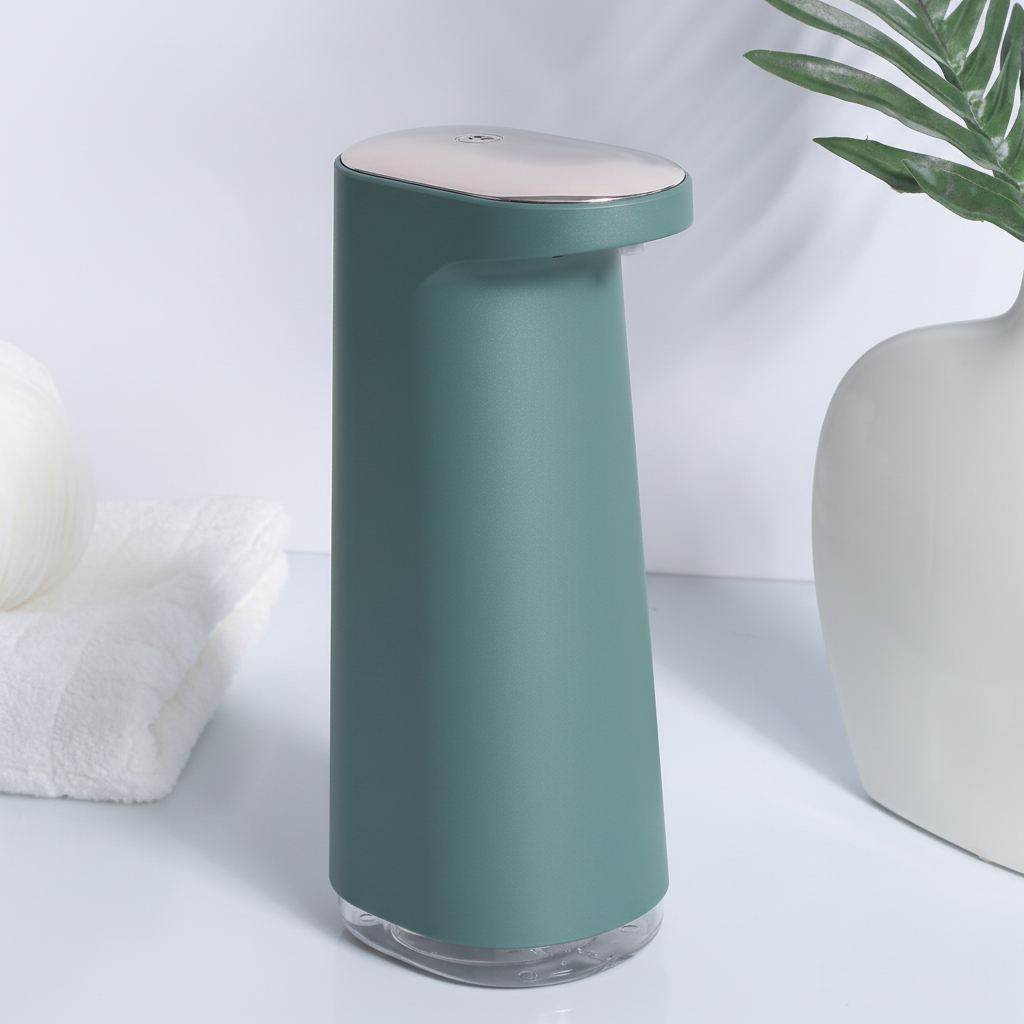 Eleganter rosa HygioFoam Seifenspender, berührungslos mit Akku, ein praktisches Wohnaccessoire für das Bad.