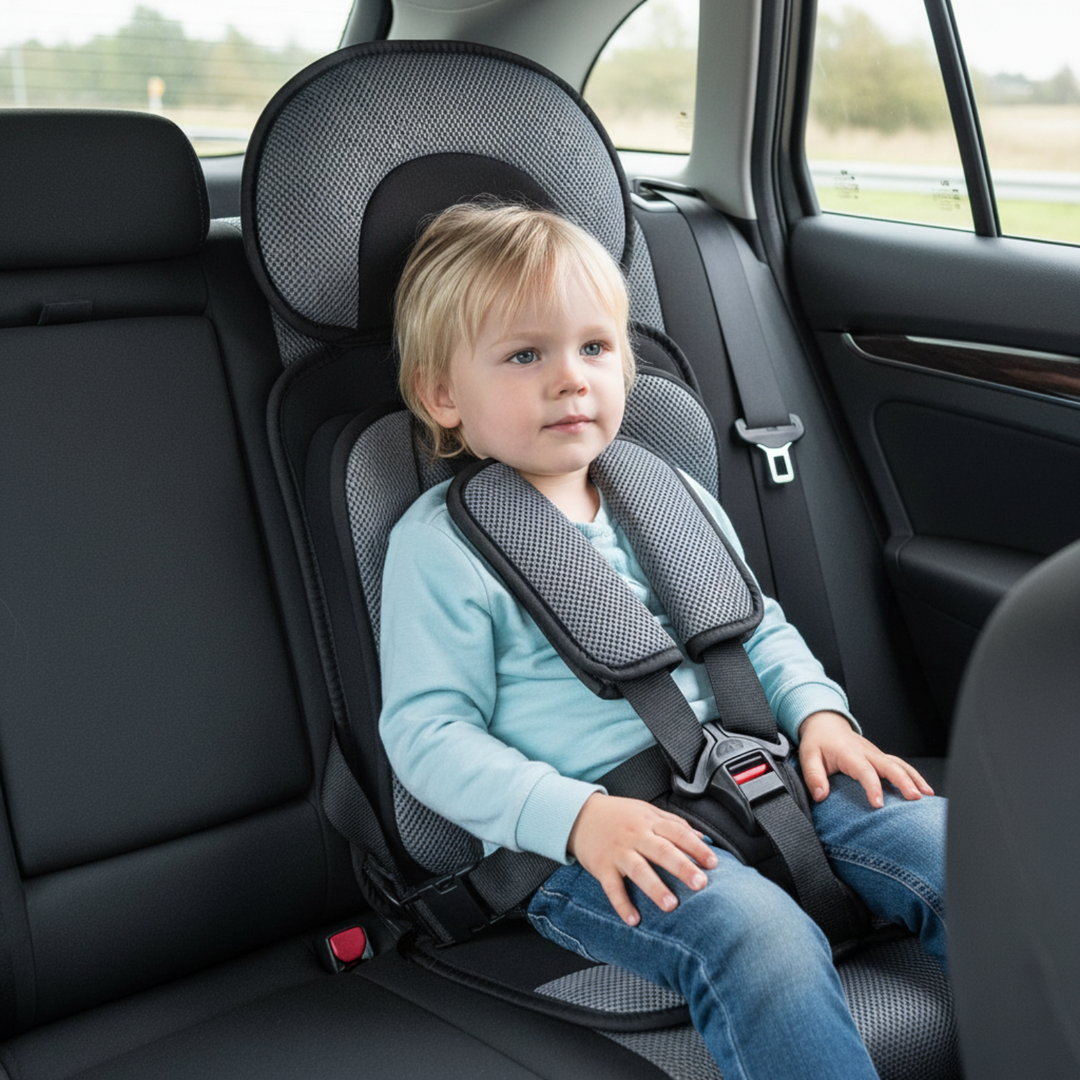 Sicherer Kindersitz mit 5-Punkt-Gurt und weicher Polsterung für Komfort im Auto.
