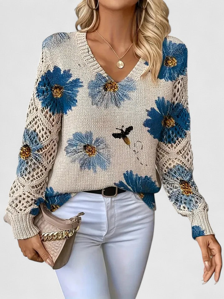 Damen Pullover mit elegantem Blumenmuster & V-Ausschnitt. Bequemer Strick für Frühling & Herbst, farbenfroh.