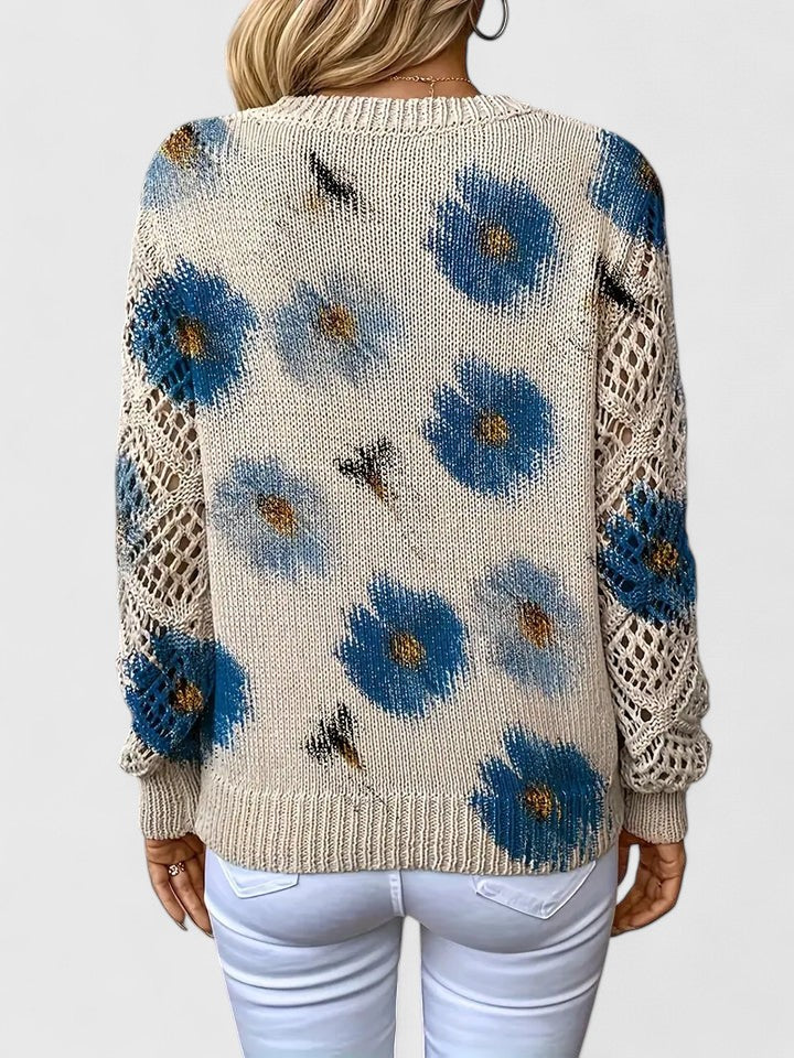 Stylisher Damen Blumenmuster Pullover. Farbenfroher Strick mit elegantem V-Ausschnitt für Komfort & Stil.