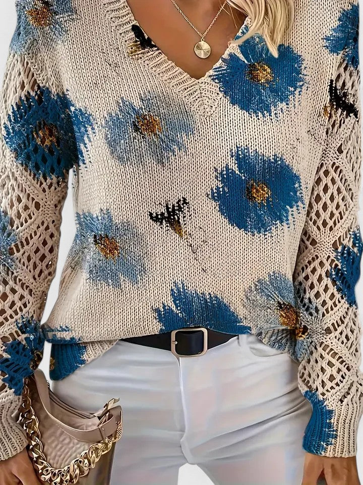 Vielseitiger Damen Pullover mit Blumenmuster. Eleganter V-Ausschnitt, perfekt für Freizeit & Übergangszeit.