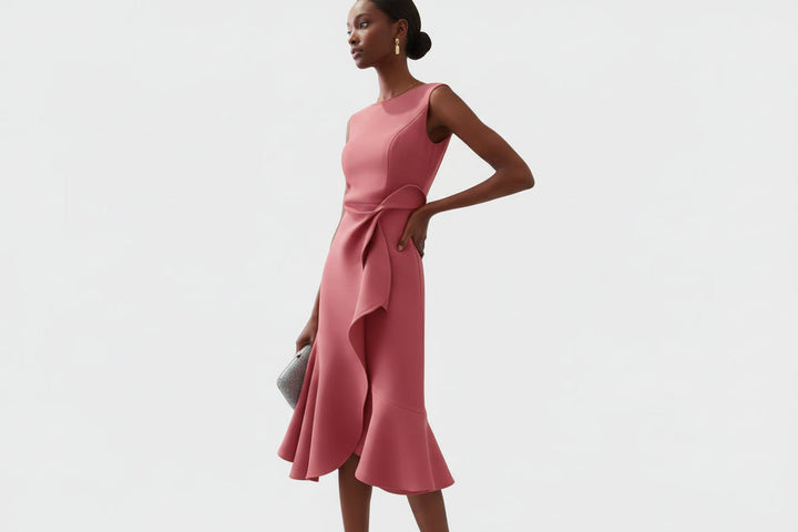 Asymmetrisches Damen Midikleid mit elegant ausgestelltem Saum. Modernes, figurbetontes Design für Frühling & Sommer.