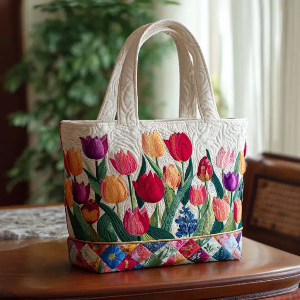 Handgefertigte Damen Schultertasche aus Stoff mit stilvollem Tulpenmuster, gepolstert, ideal als Alltagstasche.