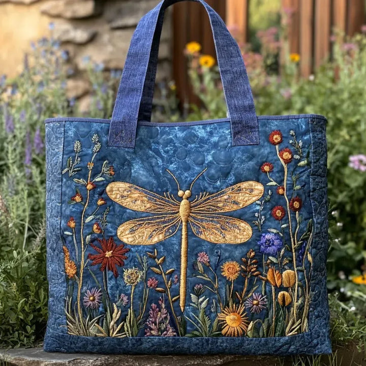 Gepolsterte Damen Umhängetasche mit elegantem Libellen-Design. Ideale Stofftasche für Alltag & Geschenk.