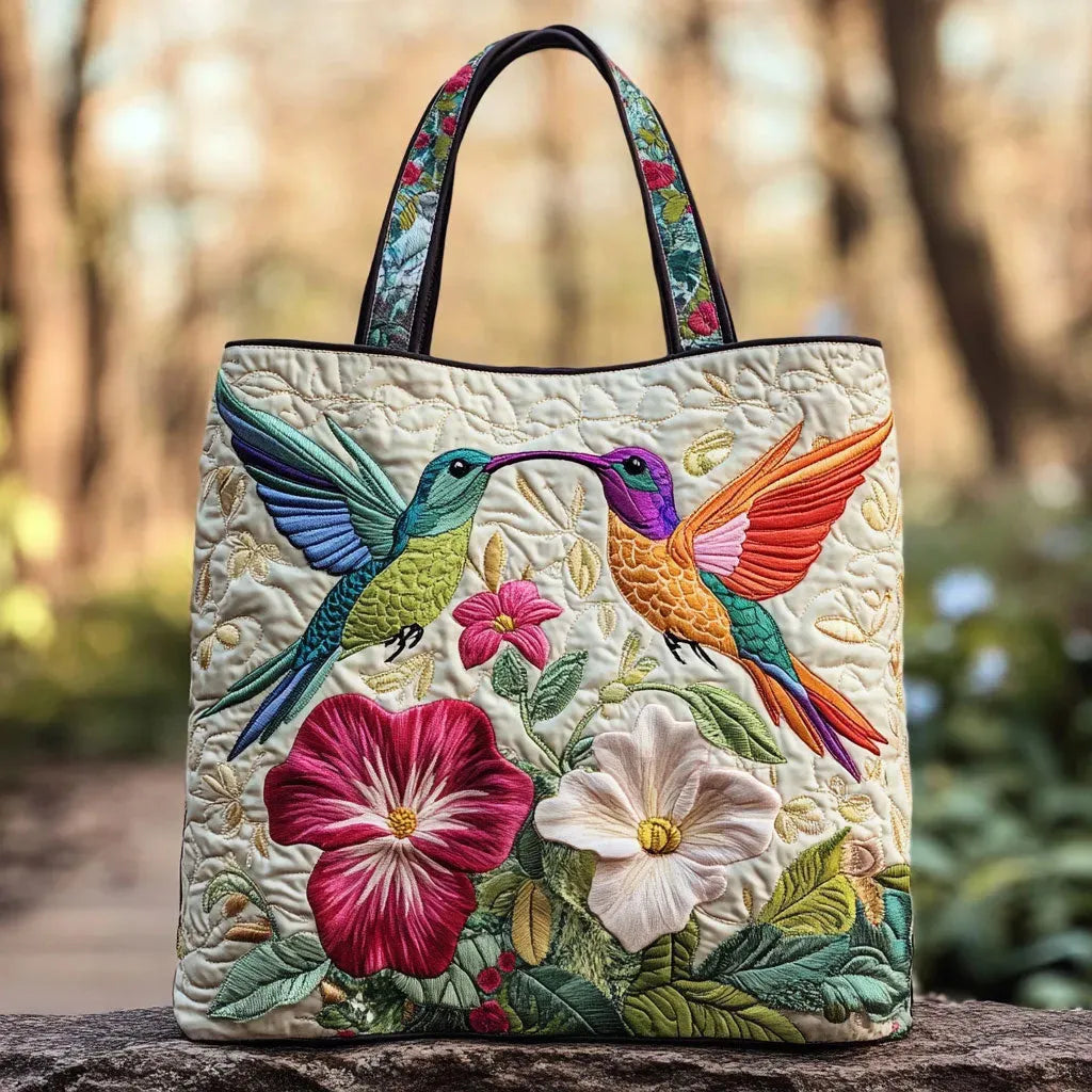 Handgefertigte, stilvolle Kolibri-Damentasche. Praktische Stoff-Handtasche als Unikat für den Alltag.
