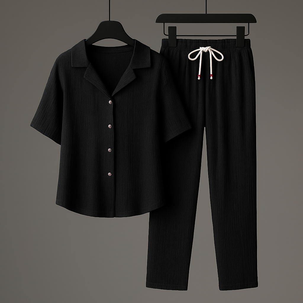 Lässiges Herren Sommer Set: weißes Kurzarm-Hemd & beigefarbene Kordelhose, perfekt für warme Tage & Urlaub.