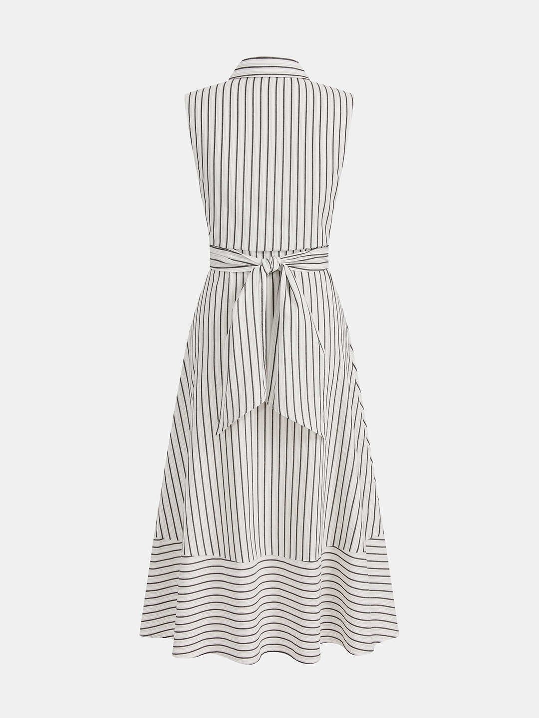 Elegantes gestreiftes Damen-Midikleid mit Kragen, ärmellos & Bindegürtel. Perfekt für formelle Anlässe.
