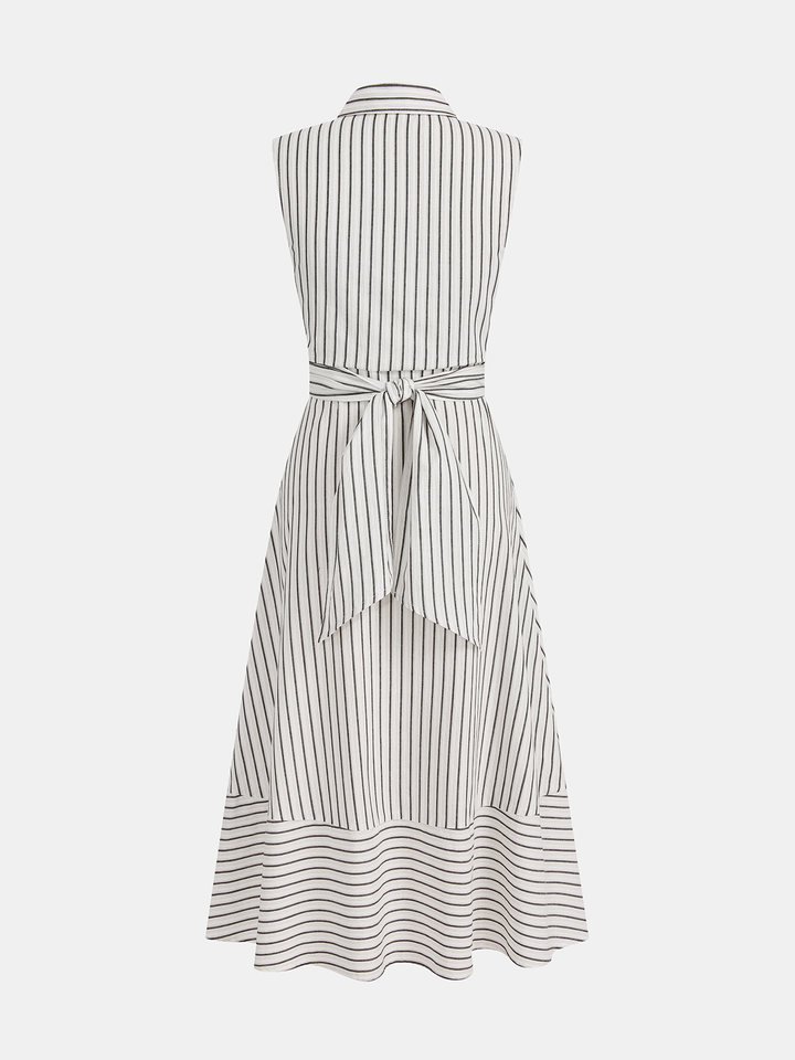 Elegantes gestreiftes Damen-Midikleid mit Kragen, ärmellos & Bindegürtel. Perfekt für formelle Anlässe.