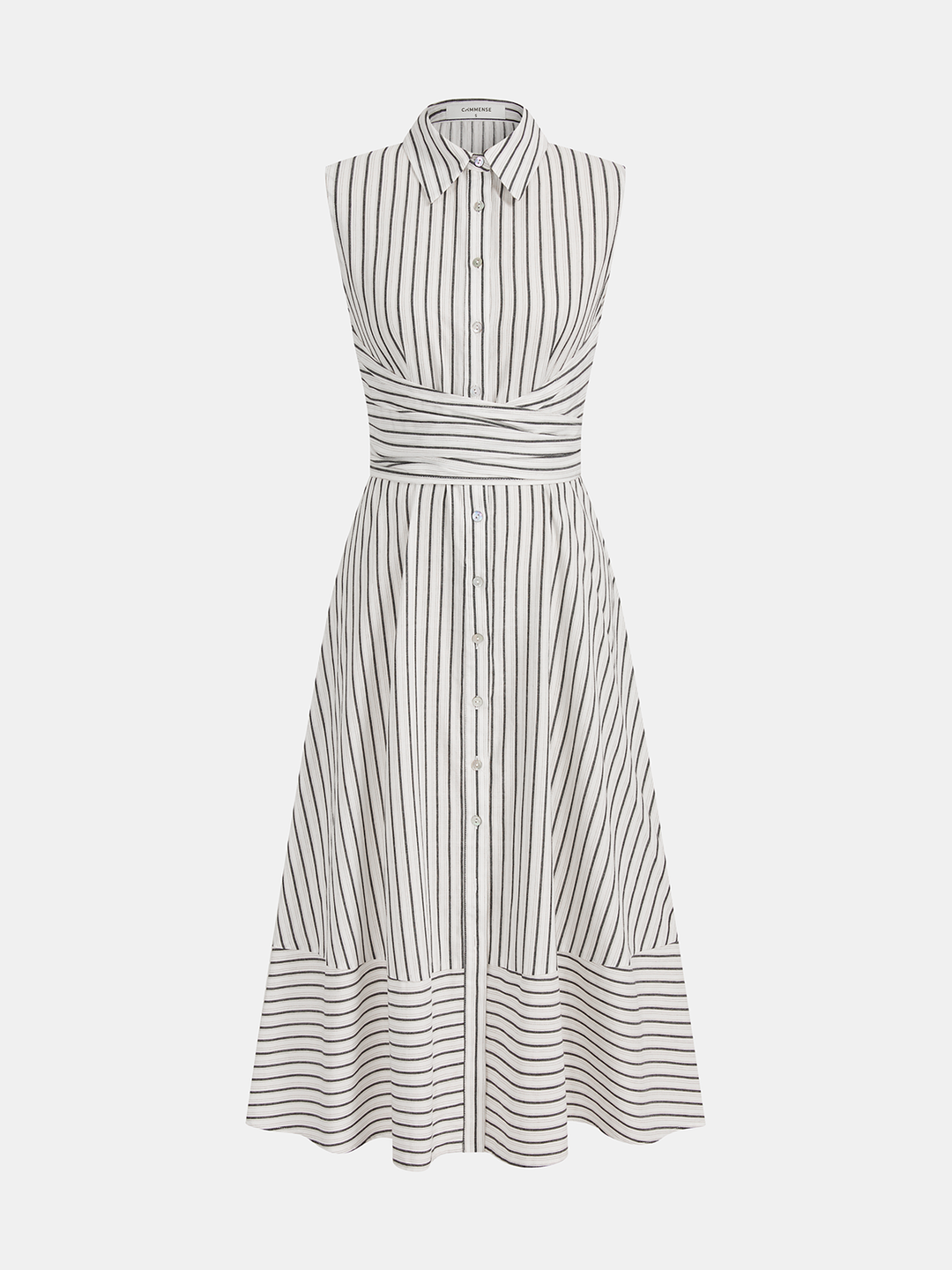 Gestreiftes Damen-Midikleid ärmellos, Kragen, Bindegürtel, elegantes Sommerkleid für Business & Freizeit.