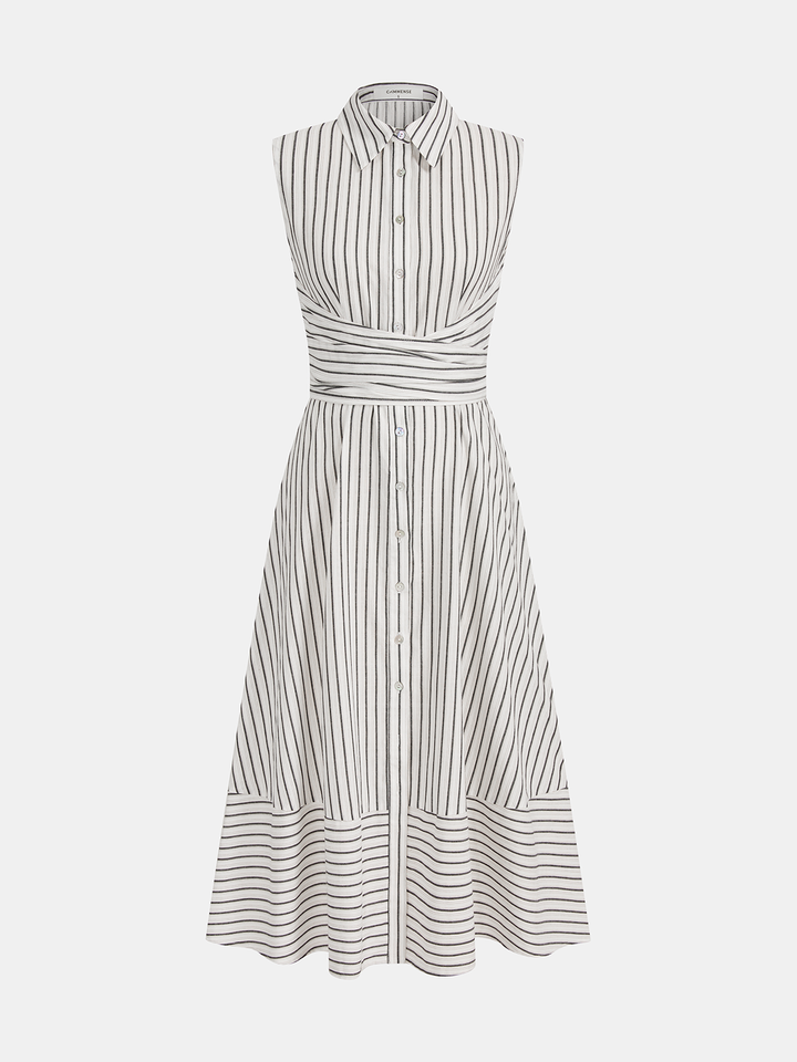Gestreiftes Damen-Midikleid ärmellos, Kragen, Bindegürtel, elegantes Sommerkleid für Business & Freizeit.