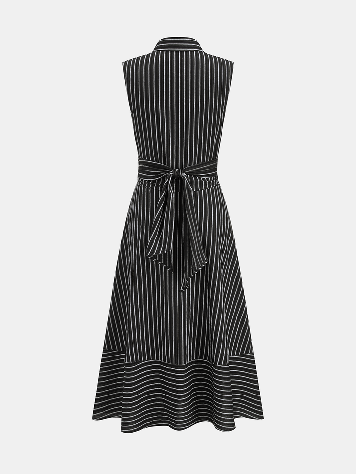 Ärmelloses gestreiftes Kragenkleid für Damen, Midilänge, mit Bindegürtel für einen modernen Look.