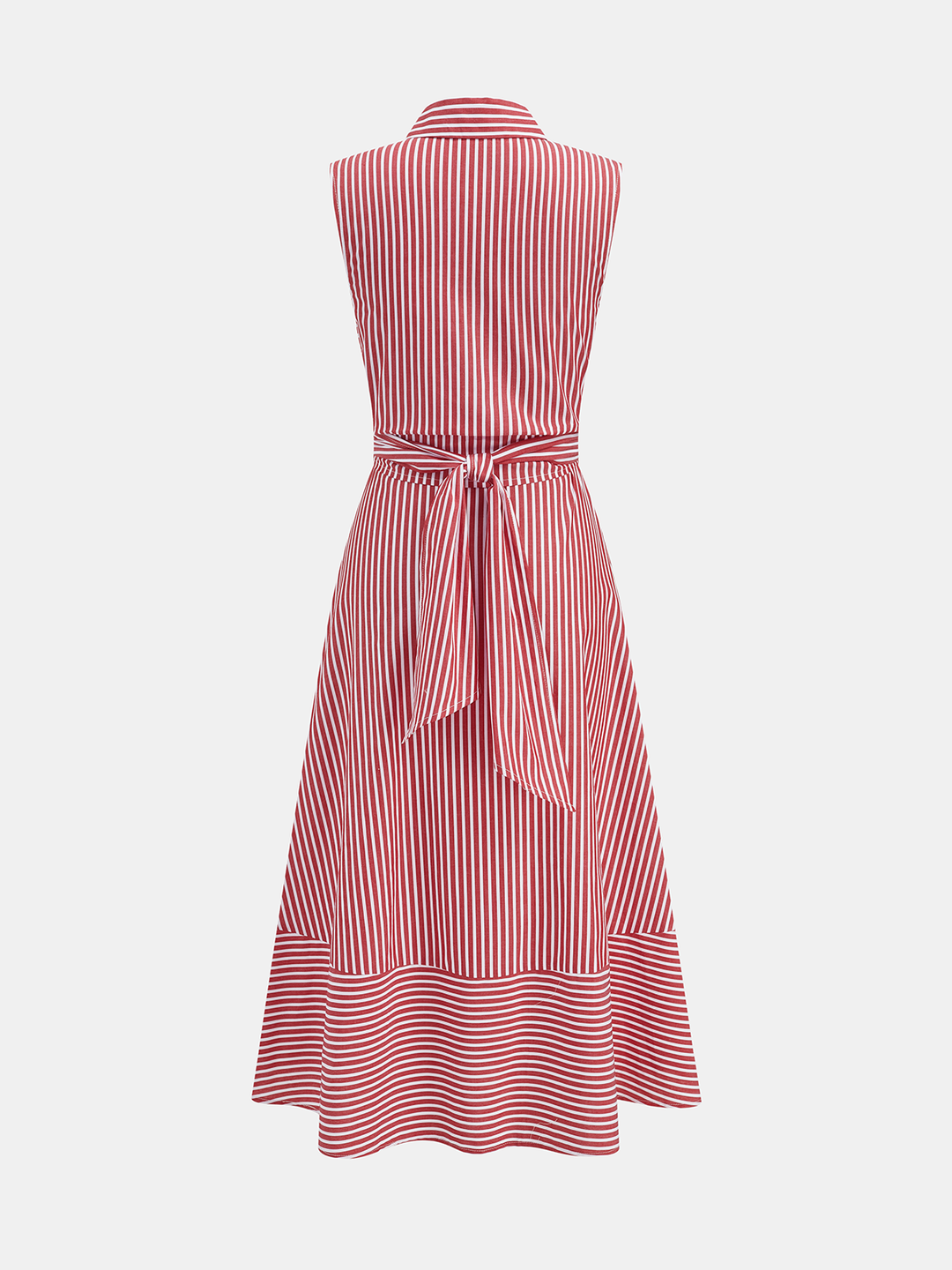 Damen-Midikleid gestreift, ärmellos, Kragen, Bindegürtel. Eleganter Schnitt für schmeichelhafte Figur.