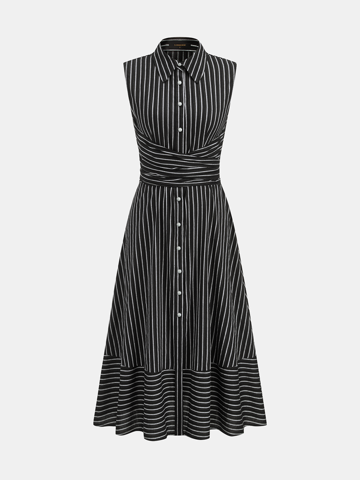 Gestreiftes ärmelloses Damen-Midikleid mit Kragen, ideal für Business & Freizeit im Sommer.