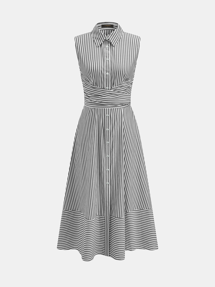 Elegantes Kragenkleid mit Bindegürtel, gestreiftes Midikleid für Damen, ärmellos & tailliert.