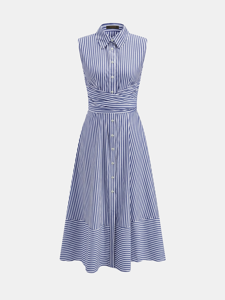 Schickes Sommerkleid: Gestreiftes ärmelloses Damen-Midikleid mit Kragen & Gürtel für Freizeitlooks.