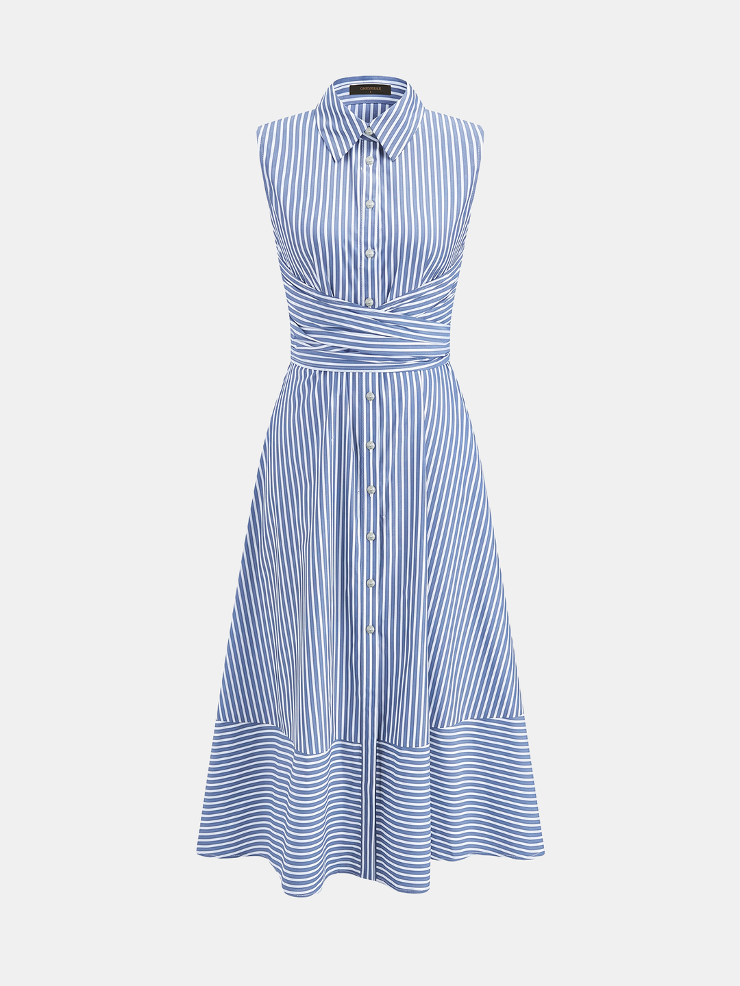 Tailliertes gestreiftes Damen-Midikleid mit Bindegürtel, ärmellos & Kragen, betont die Figur elegant.