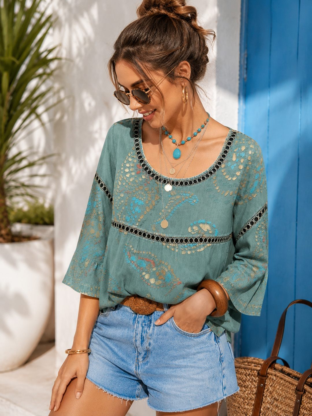 Vintage Damen Freizeitbluse Lucie in Blaugrün mit lockerer Passform. Elegant für den Alltag, leichter Boho-Stil.