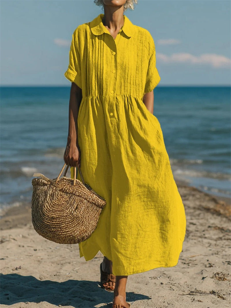 Stilvolles Damen Maxikleid mit Kragen und Knopfleiste, ein luftiges Freizeitkleid für den Sommer.