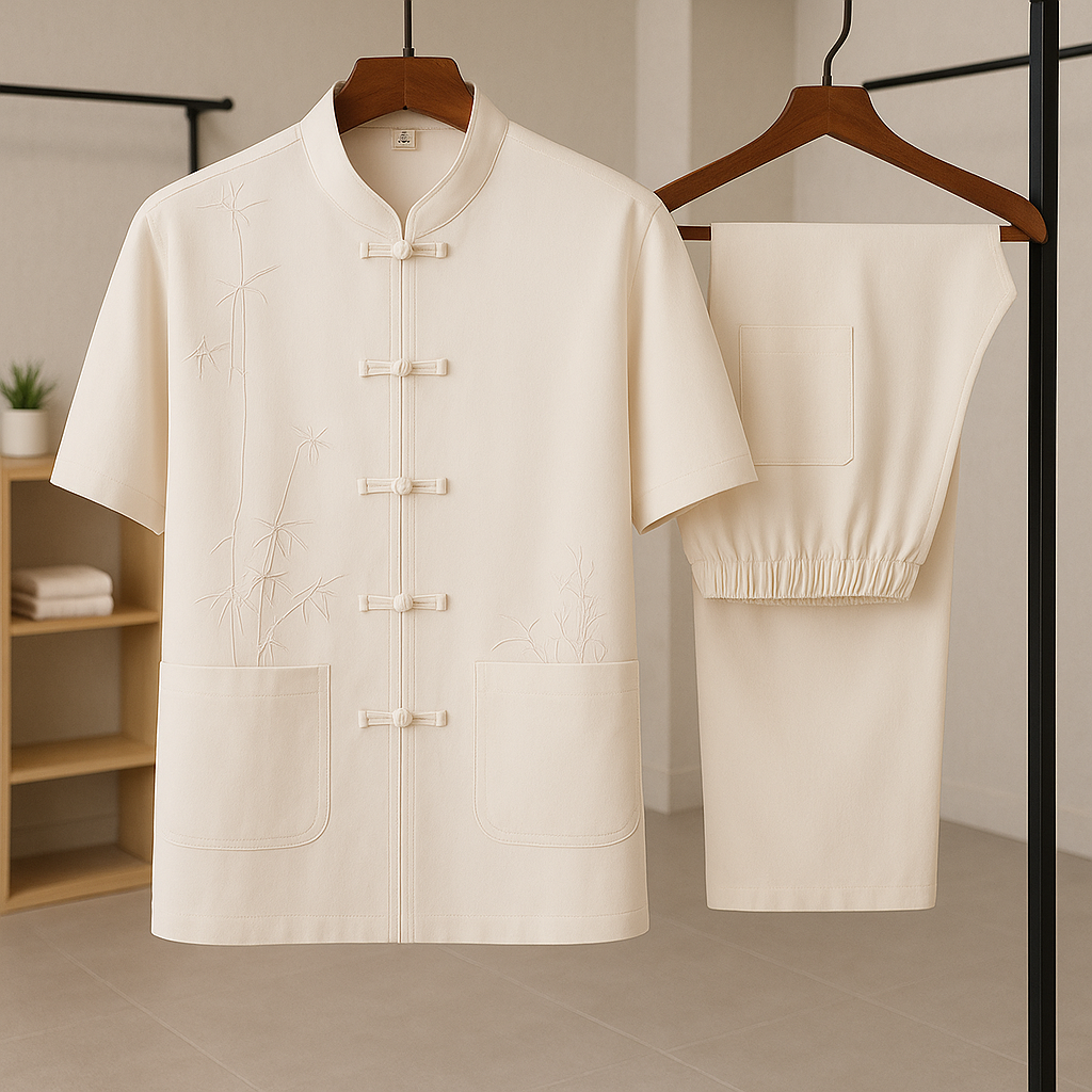 Elegantes Herren Zweiteiler-Set in Holzkohle mit Stickerei & traditionellem Knotenverschluss für den Sommer.