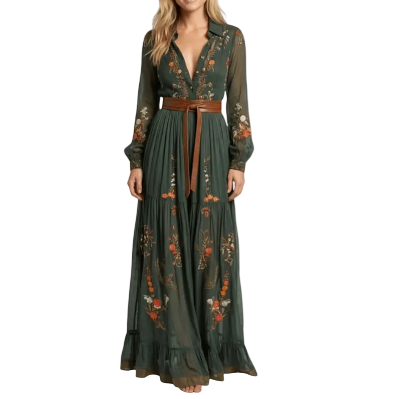 Elegantes Damen Maxikleid mit Gürtel und feiner Stickerei, ideal für Freizeit & Abend.