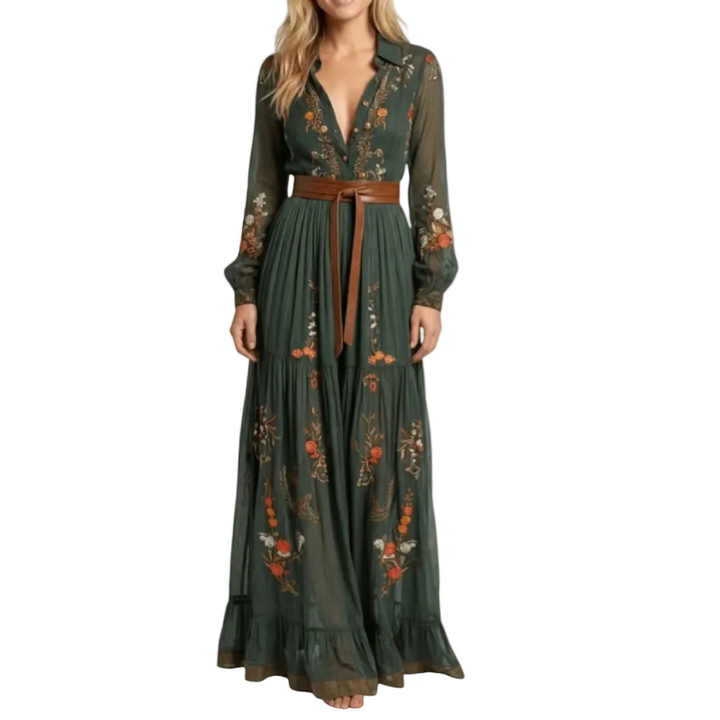 Elegantes Damen Maxikleid mit Gürtel und feiner Stickerei, ideal für Freizeit & Abend.