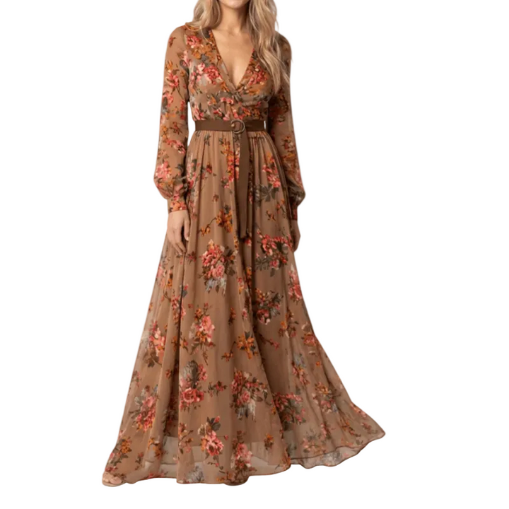 Figurschmeichelndes Damen Maxikleid mit Taillengürtel und Stickdetails für einen eleganten Look.