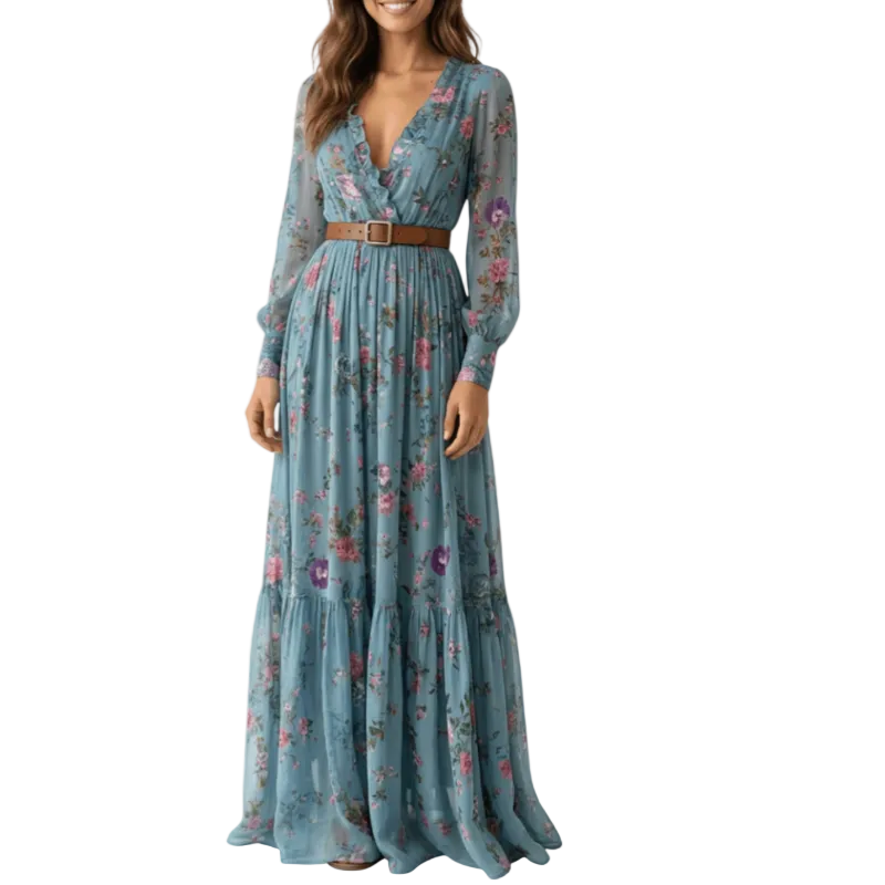 Schickes Damen Langarm Maxikleid mit Knöpfen, Gürtel & zarter Stickerei. Ideal als Freizeit- oder Abendkleid.