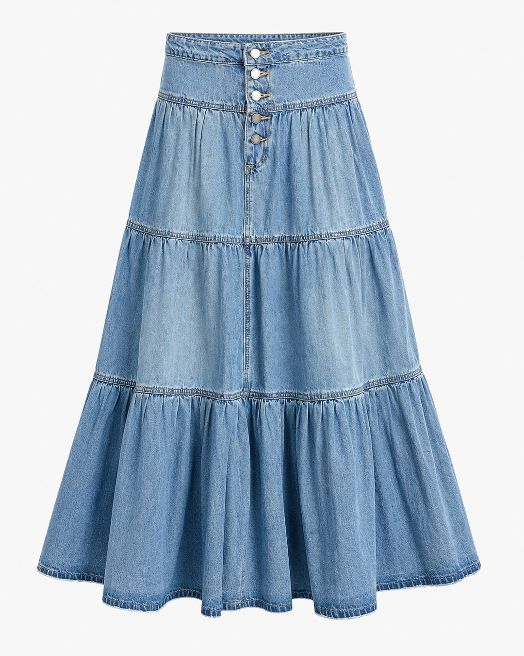 Lässiger blauer Denim Maxirock für Damen, mit hoher Taille, A-Linie und stilvollen Volants. Ideal für Freizeit.