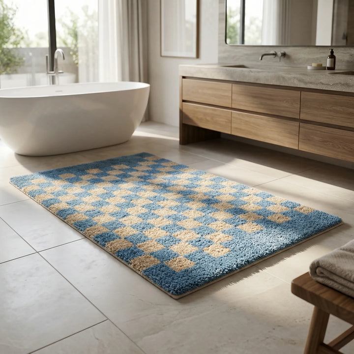 Weicher, rutschfester, karierter Badeteppich in Blau/Lila. Perfekte Badematte für Komfort im Badezimmer.