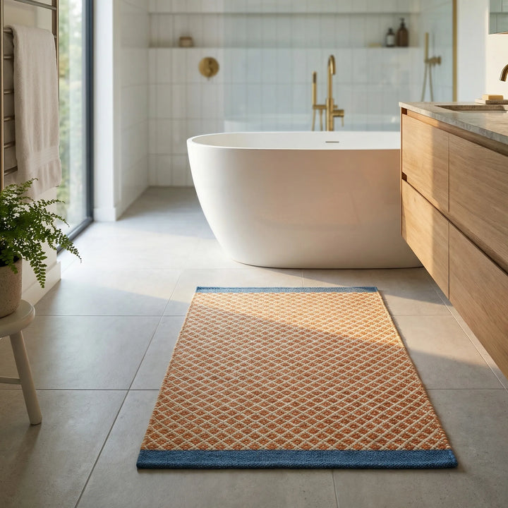 Rutschfeste Badematte mit weicher Oberfläche, kariert. Bietet Sicherheit & Komfort im Badezimmer, in Blau/Lila.