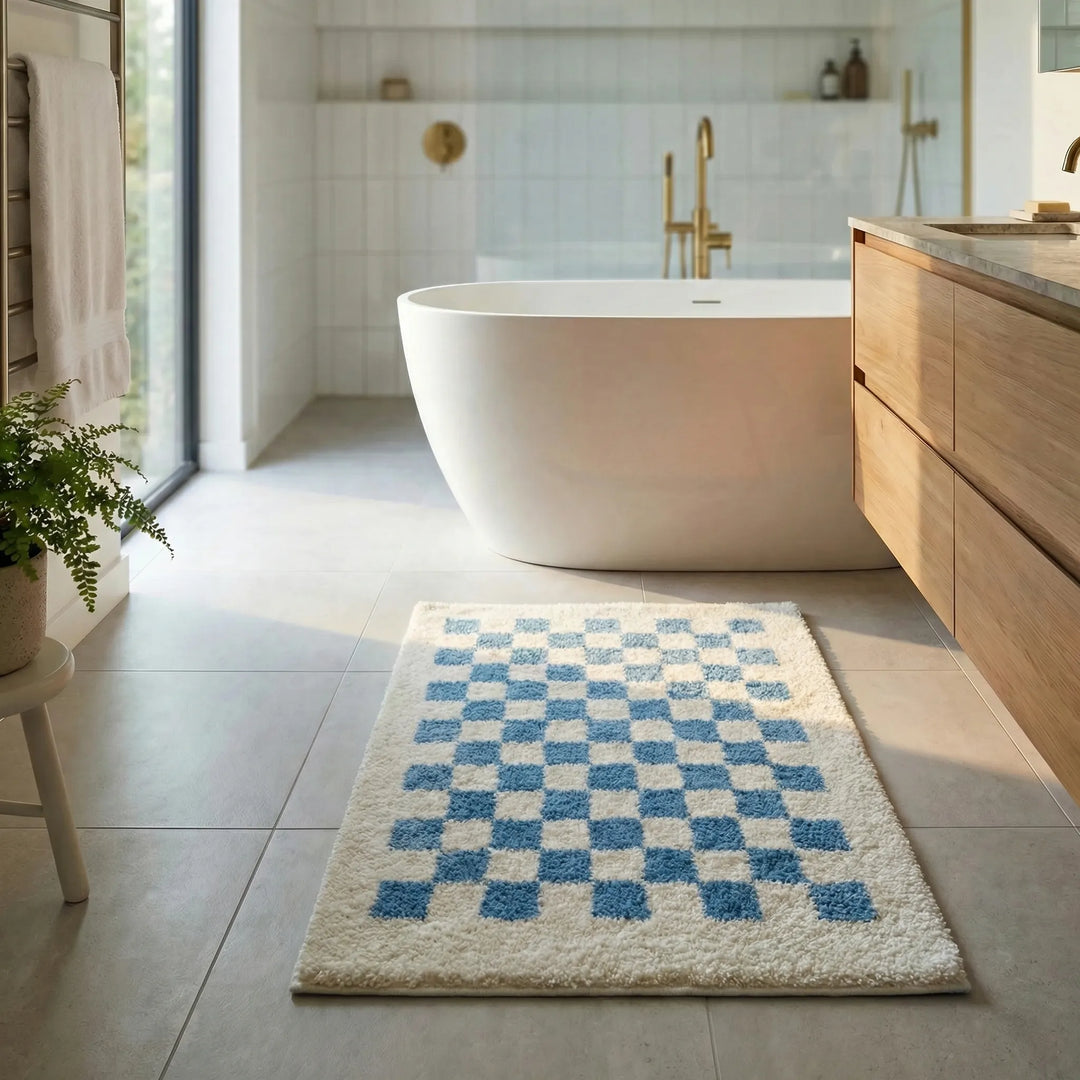 Pflegeleichter, weicher Badeteppich, kariert. Rutschfeste Badematte für Badezimmer, bietet Komfort & Dekoration.