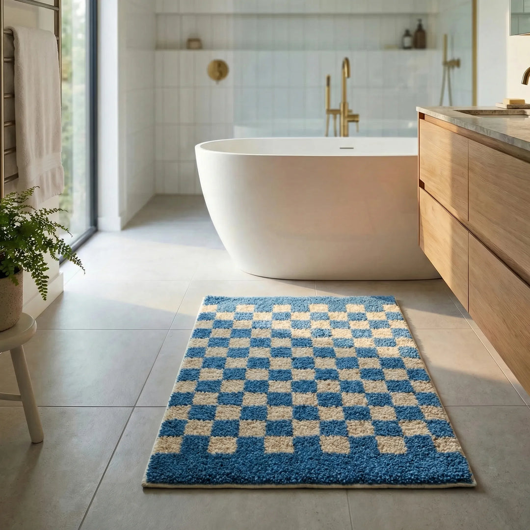 Nahaufnahme des weichen, karierten Badeteppichs in Blau & Lila. Zeigt die komfortable Textur der Badematte.